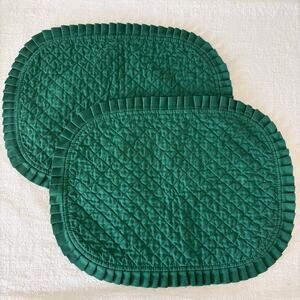 Vintage Emerald Green Quilted Placemats Set 2 Pleated Ruffle Cottage Table Decor